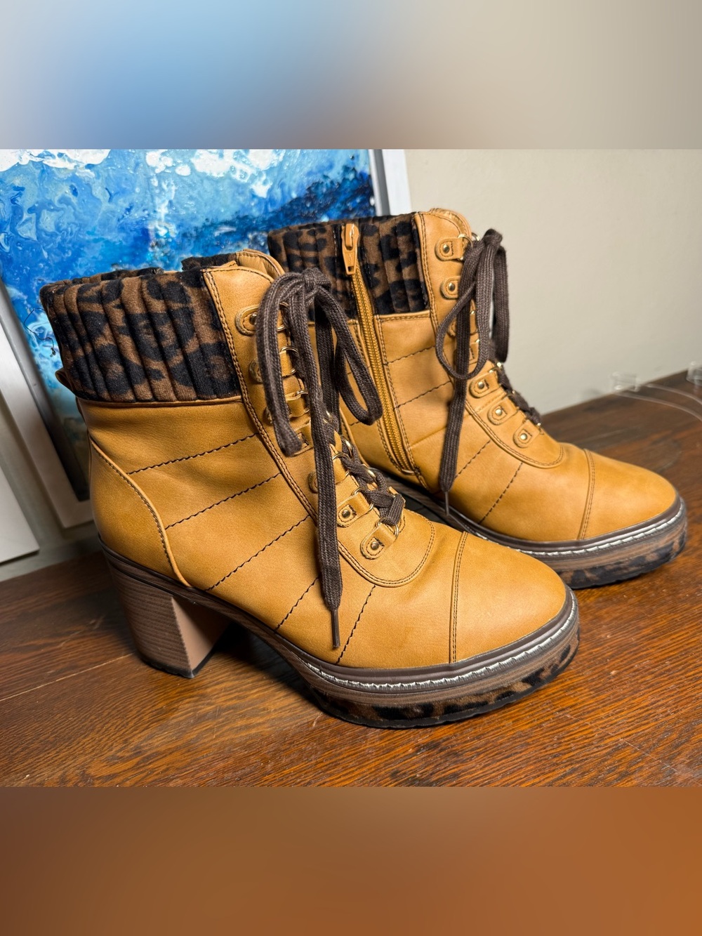 Comfort Lace-Up Zip Platform Combat Boots with Animal Patterned Cuff SZ 10